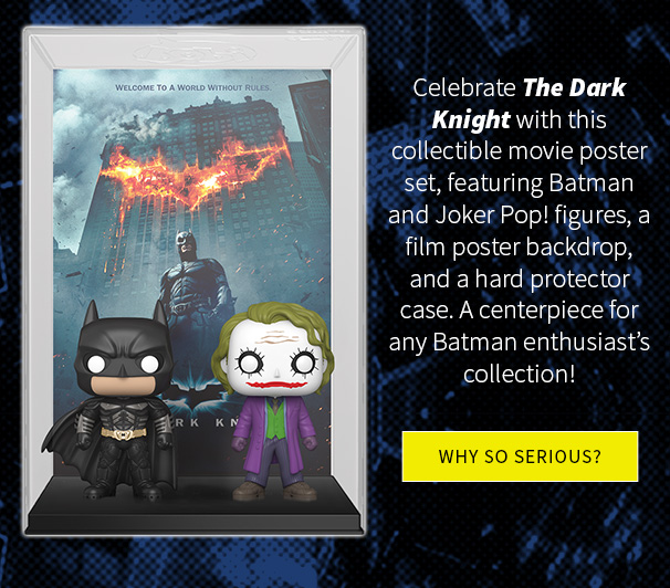 Celebrate The Dark Knight with this collectible movie poster set,  featuring Batman and Joker Pop! figures, a film poster backdrop, and a hard protector case. A centerpiece for any Batman enthusiast’s collection! 